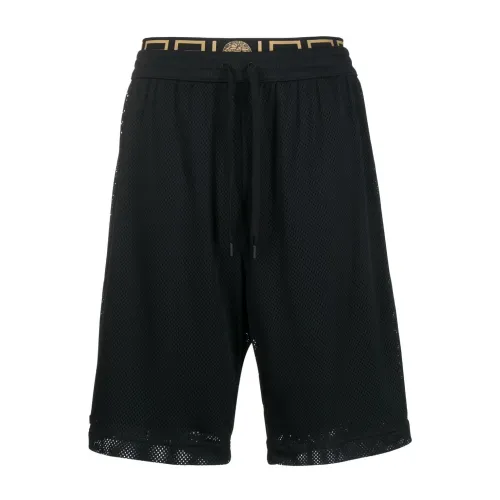 Versace , Black Mesh Shorts with Medusa Waistband ,Black male, Sizes: