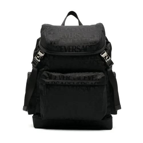 Versace , Black Nylon Backpack with All-Over Logo Print ,Black male, Sizes: ONE SIZE
