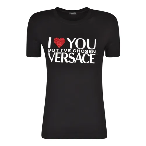 Versace , Black Slogan Print Rhinestone T-Shirt ,Black female, Sizes: