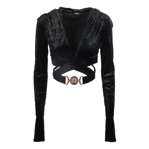 Versace , Black Velvet Hooded Top with Crisscross Waist ,Black female, Sizes: