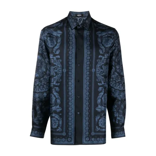 Versace , Blue Barocco Print Silk Shirt ,Blue male, Sizes: