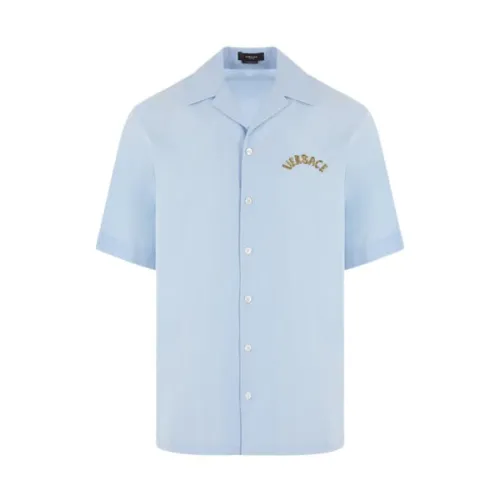 Versace , Blue Bowling Shirt with Logo Embroidery ,Blue male, Sizes: