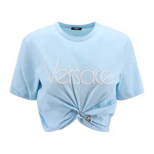 Versace , Blue Ribbed T-Shirt with Iconic Brooch ,Blue female, Sizes: