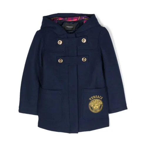 Versace , Blue Wool Blend Girl Coat with Hood ,Blue male, Sizes: