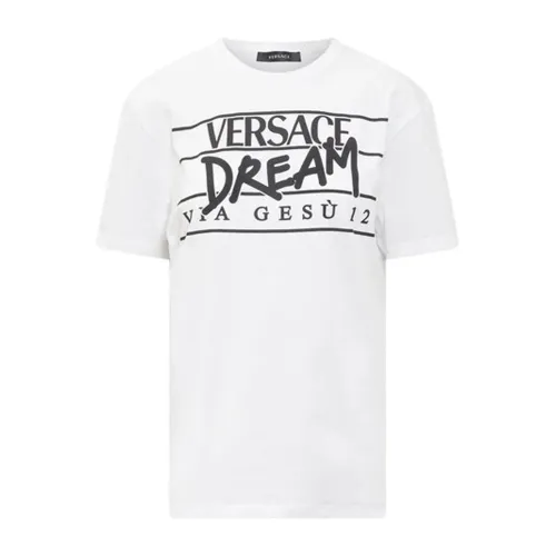 Versace , Chic White Cotton T-Shirt with Logo ,White female, Sizes: