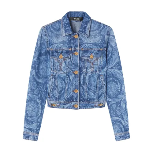 Versace , Denim Denim Jacket with Signature Barocco Print ,Blue female, Sizes: