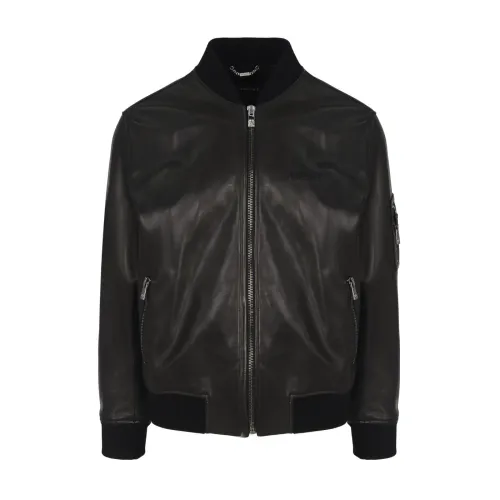Versace , Embroidered Logo Leather Jacket ,Black male, Sizes: