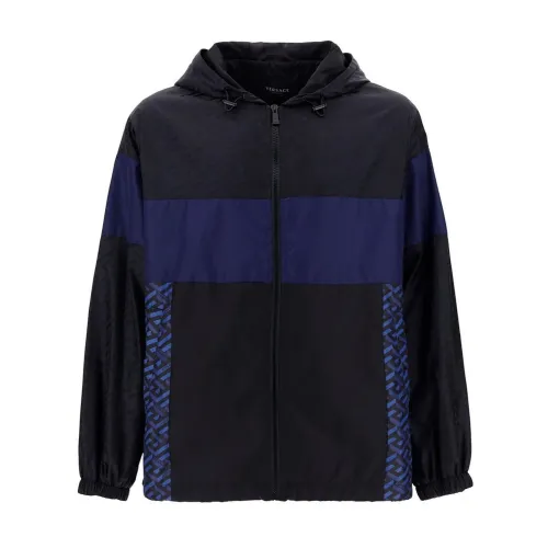 Versace , Hooded Windbreaker Jacket ,Blue male, Sizes: