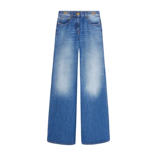 Versace , Indigo Blue Denim Jeans with Gold-Tone Logo ,Blue female, Sizes: