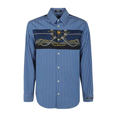 Versace , Informal Shirt Striped Poplin Fabric Printed Inserts ,Blue male, Sizes: