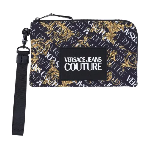 Versace Jeans Couture , Black/Gold Clutch with All-Over Logo Print and Zipper Closure ,Black female, Sizes: ONE SIZE