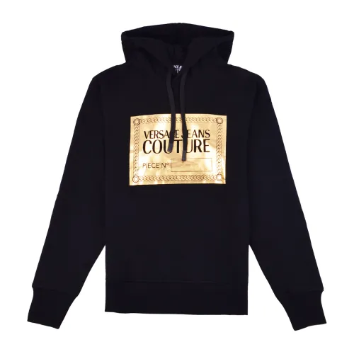 Versace Jeans Couture , Black Hoodie with Gold Logo Print ,Black male, Sizes: