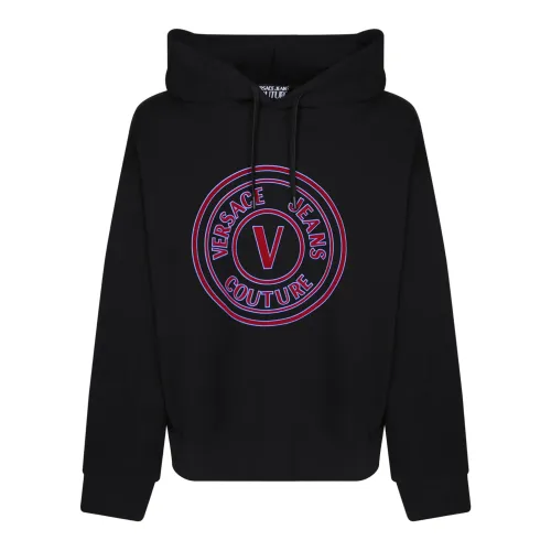 Versace Jeans Couture , Black Logo Hoodie with Drawstring ,Black male, Sizes:
