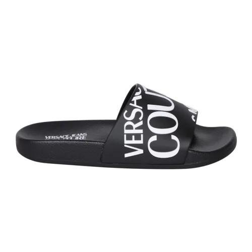 Versace Jeans Couture , Black Shelly Slides with Logo Print ,Black female, Sizes: