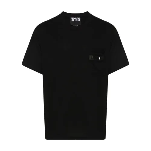Versace Jeans Couture , Black T-shirts and Polos with Appliqué Logo ,Black male, Sizes: