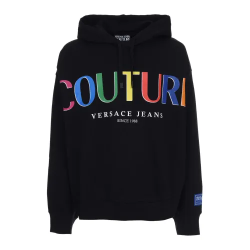Versace Jeans Couture , Cotton Hooded Sweatshirt with Rainbow Logo ,Black male, Sizes: