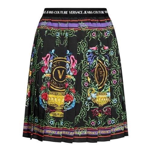 Versace Jeans Couture , Elegant Black Pleated Skirt with Multicolored V Emblem Garden Print ,Black female, Sizes: