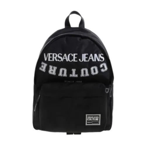 Versace Jeans Couture , Large Black Men`s Backpack with Embroidered Contrast Logo ,Black male, Sizes: ONE SIZE