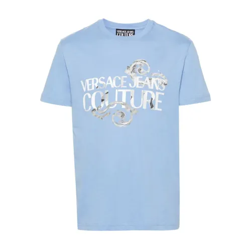 Versace Jeans Couture , Logo Print Cotton T-shirt in Light Blue ,Blue male, Sizes: