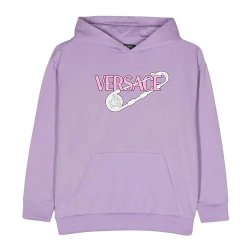 Versace , Lilac Hooded Sweater with Logo Print ,Purple female, Sizes: