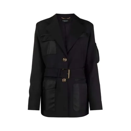 Versace , Long-Sleeve Belted Jacket in Wool-Mohair Blend ,Black female, Sizes: