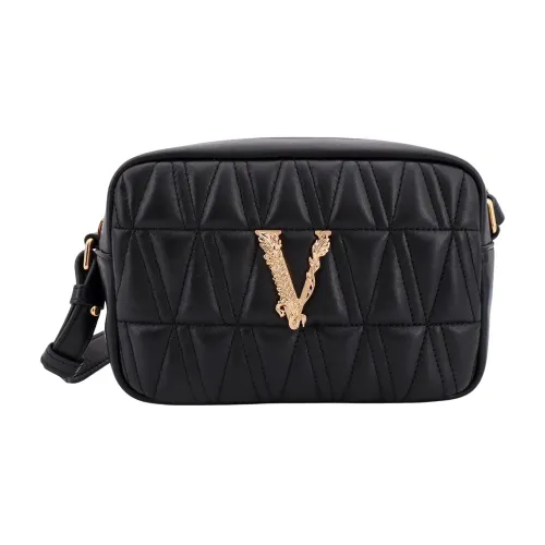 Versace , Matelassé Leather Shoulder Bag with V Barocco Logo ,Black female, Sizes: ONE SIZE