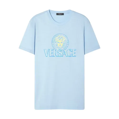 Versace , Medusa Head Logo Print Crew Neck ,Blue male, Sizes: