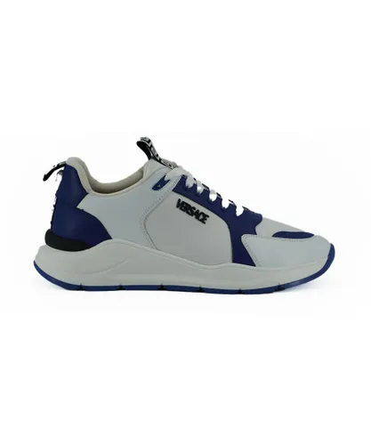 Versace Mens Blue and White Calf Leather Sneakers - Blue & White