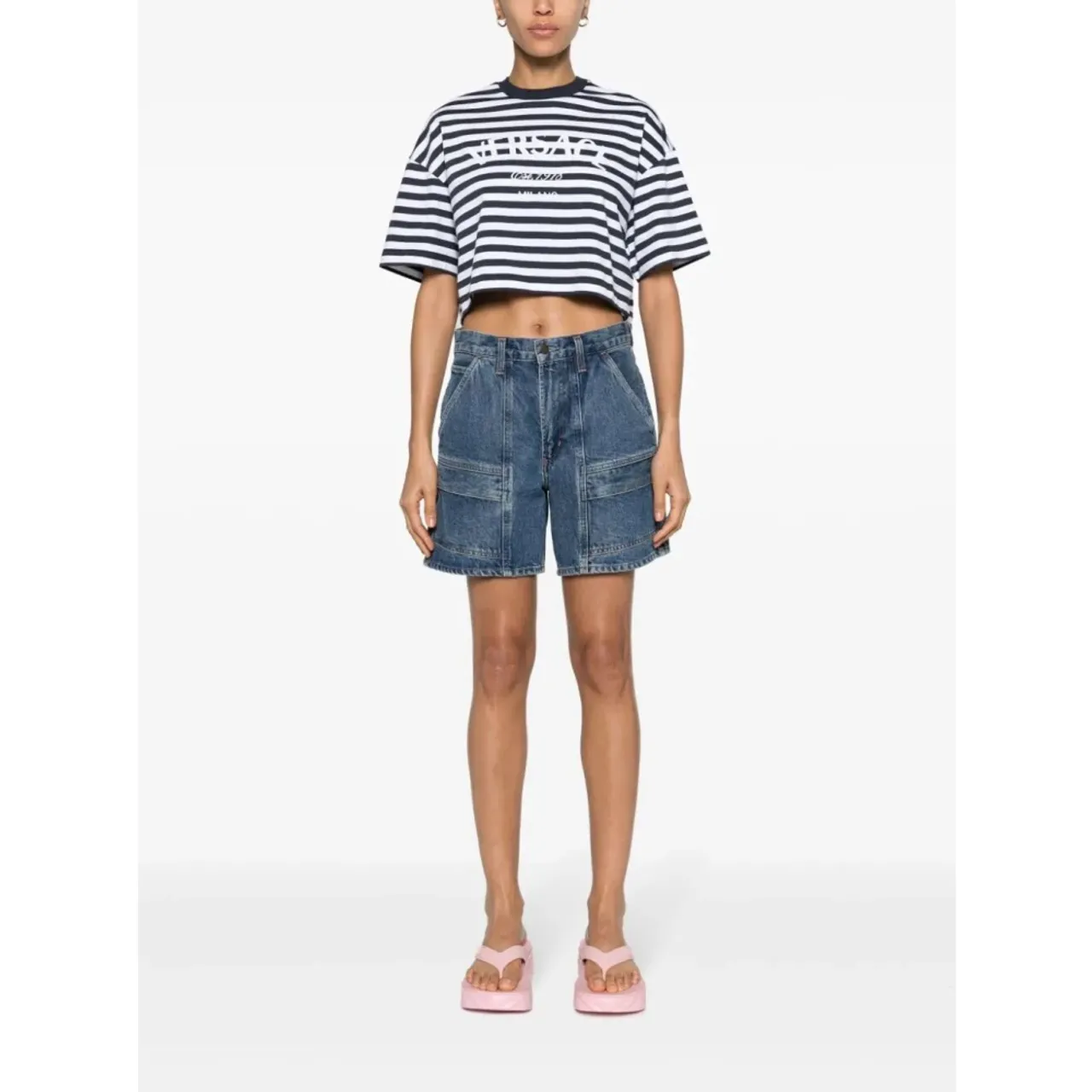 Versace , Nautical Stripes Logo Cropped T-Shirt ,Multicolor female, Sizes: