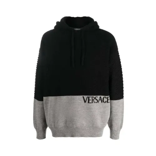 Versace , Panelled Knit Pullover Hoodie ,Black male, Sizes: