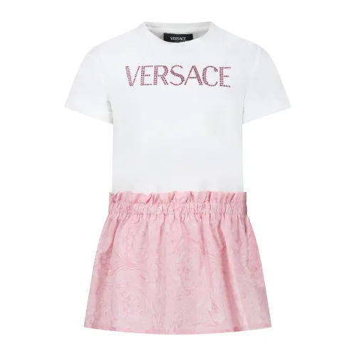 Versace , Pink Cotton Dress with Rhinestone Logo ,Pink female, Sizes: