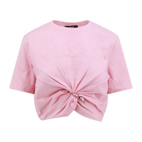 Versace , Pink Crew-Neck T-Shirt with Logo Print ,Pink female, Sizes: