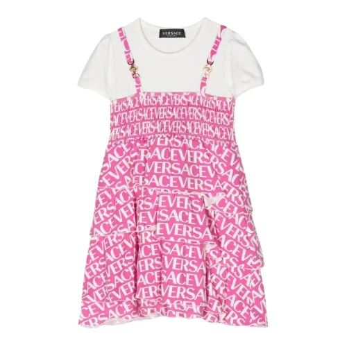 Versace , Pink Printed Logo Dress for Kids ,Pink female, Sizes: