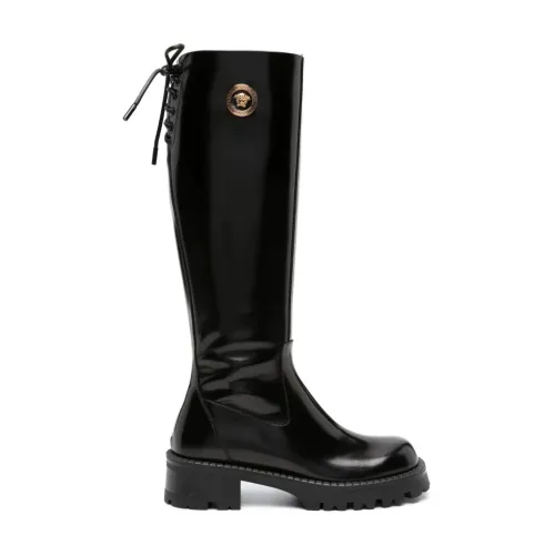 Versace , Polished Black Knee-High Lace-Up Boots ,Black female, Sizes: