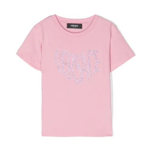 Versace , Rhinestone Rose T-shirt with Logo ,Pink female, Sizes: