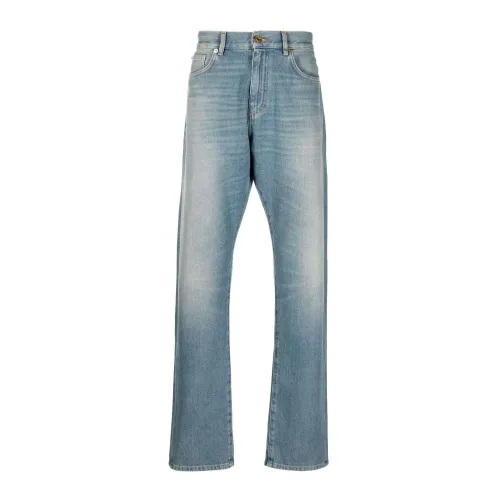 Versace , Washed Straight-Leg Jeans with Leather Details ,Blue male, Sizes: