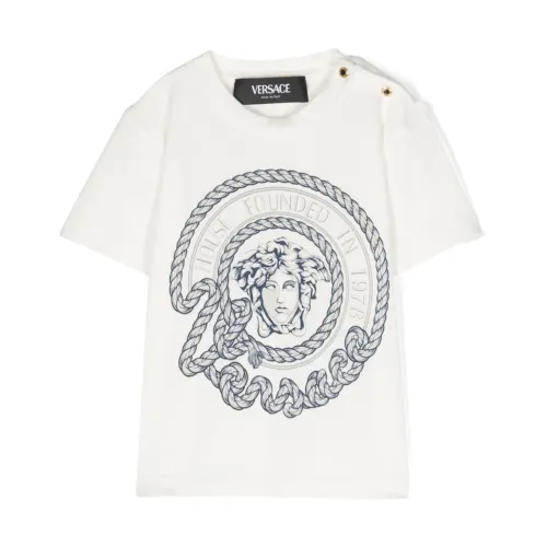 Versace , White Printed T-shirt with Button Closure ,White male, Sizes: