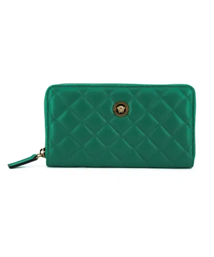 Versace Womens Authentic Long Zip Around Wallet in Quilted Nappa Leather - Green - One Size