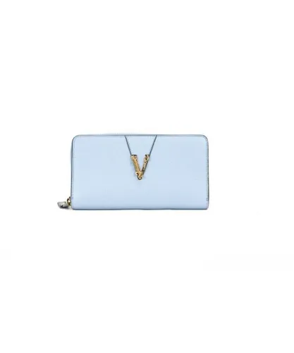 Versace Womens Grainy Leather Gold Monogram Zip Around Clutch Wallet - Blue - One Size