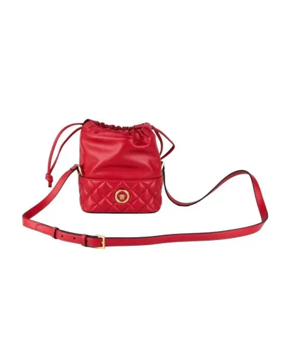 Versace WoMens Red Quilted Leather Drawstring Shoulder Bag Bucket Crossbody Handbag - One Size