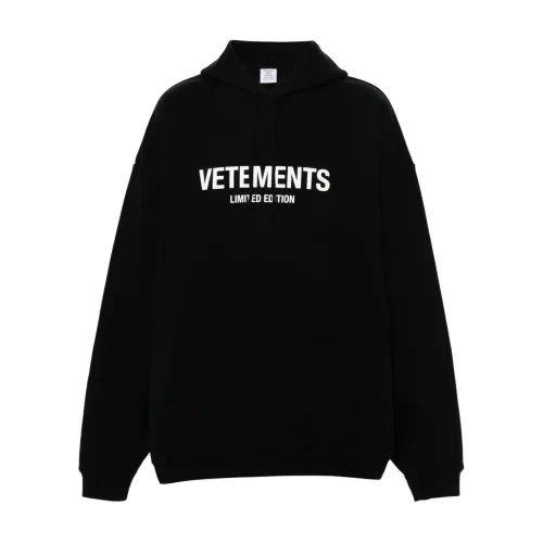 Vetements , Black Sweater with Logo Print and Drawstring Hood ,Black male, Sizes: