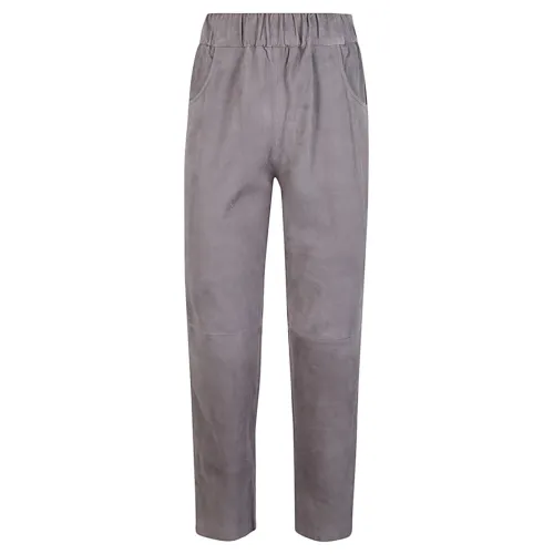 Via Masini 80 , Grey Suede Trousers with Elastic Waist ,Gray female, Sizes: