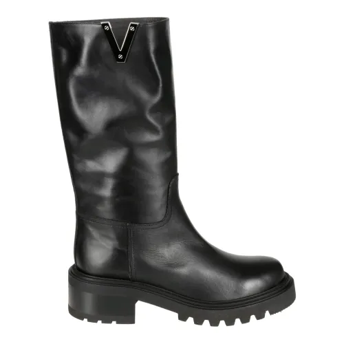 Via Roma 15 , Black Leather Boots with Stitching Details ,Black female, Sizes: