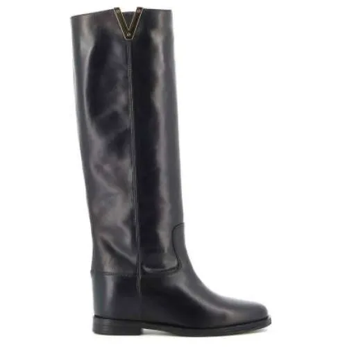 Via Roma 15 , Black Leather Wedge Boots with Gold Side Detail ,Black female, Sizes: