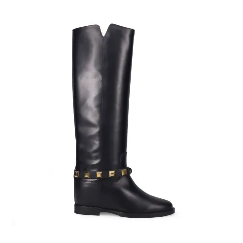 Via Roma 15 , Black Leather Wedge Boots with Stud Decoration ,Black female, Sizes: