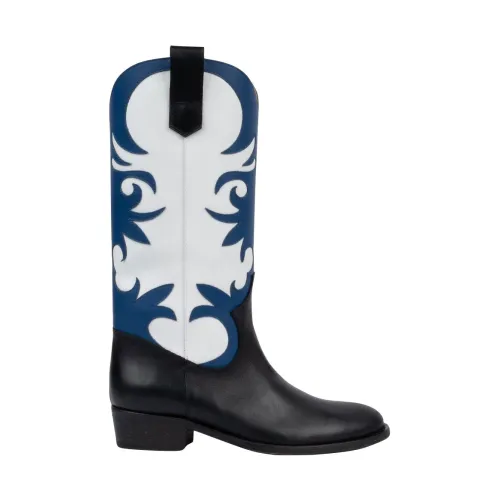 Via Roma 15 , Black Texan Boots with White and Blue Shaft ,Black female, Sizes:
