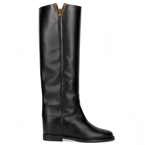 Via Roma 15 , Black Wedge Boot with Metal V-Shaped Accessory ,Black female, Sizes: