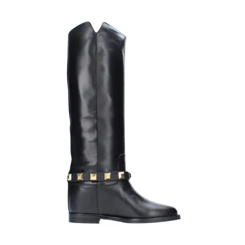 Via Roma 15 , Gold Detail Leather Ankle Boots ,Black female, Sizes: