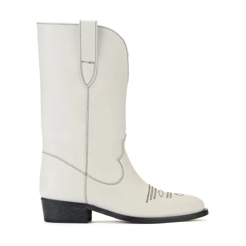 Via Roma 15 , White Leather Texano Boots with Black Stitching ,White female, Sizes: