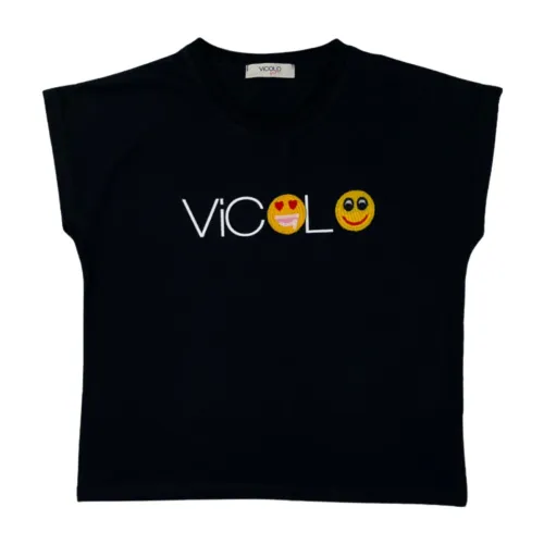 ViCOLO , Black Kids T-shirt with Crochet Smile Logo ,Black female, Sizes: